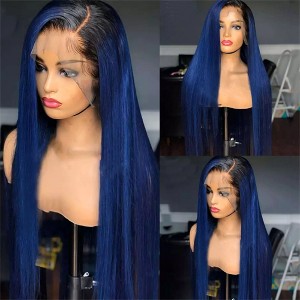 1B#Blue Ombre Color Silky Straight Wig 13x6 Brazilian Lace Front Human Hair Wigs Pre Plucked Natural Hairline With Baby Hair Eva【W392】