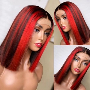 1B#Red Highlight Eva Pre Plucked Silky Straight Bob 13x6 Lace Front Wigs Natural Human Hair【T039】