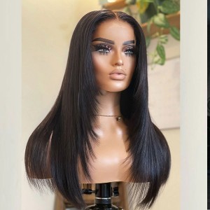32 Inches Available !!! 18- 32 Inches Elva Hair Pre Plucked Raw Cambodian Straight 13X4 Lace Front Wig With Bangs Bleached Knots With Pre Plucked Hairline【W605】