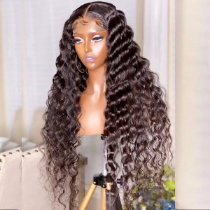 32 Inches Available !!! 18- 32 Inches Elva Hair Pre Plucked Raw Cambodian Deep Wave 13X4 Lace Front Wig With Bangs Bleached Knots With Pre Plucked Hairline【W612】