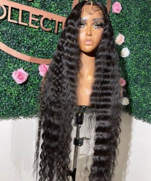 32 Inches Available !!! 18- 32 Inches Elva Hair Pre Plucked Raw Cambodian Deep Wave 13X4 Lace Front Wig With Bangs Bleached Knots With Pre Plucked Hairline【W524】