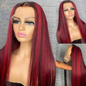 Eva Hair 1BHRed 13X6 Lace Front Human Hair  Wigs Red Highlight Silky Straight Human Hair Wig Invisible Lace!!!【W598】