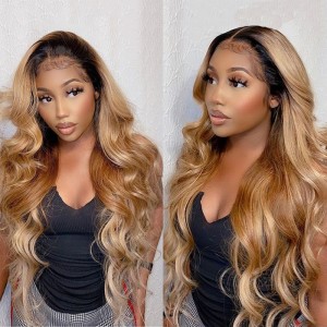 Popping Hair and Color Is All We Want for 2022! Ombre Color 1BT27# 13x6 Raw Cambodian Body Wave Wigs Pre Plucked Natural Hairline【T022】