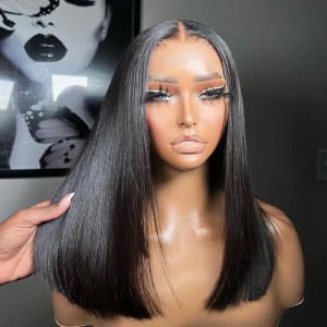 Elva hair Natural Black Straight 5x5 Closure HD Lace Glueless Mid Part Long Wig 100% Human Hair【y41】