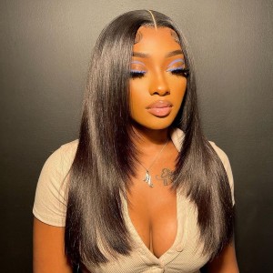 32 Inches Available !!! 18- 32 Inches Elva Hair Pre Plucked Raw Cambodian Straight 13X4 Lace Front Wig With Bangs Bleached Knots With Pre Plucked Hairline【W633】